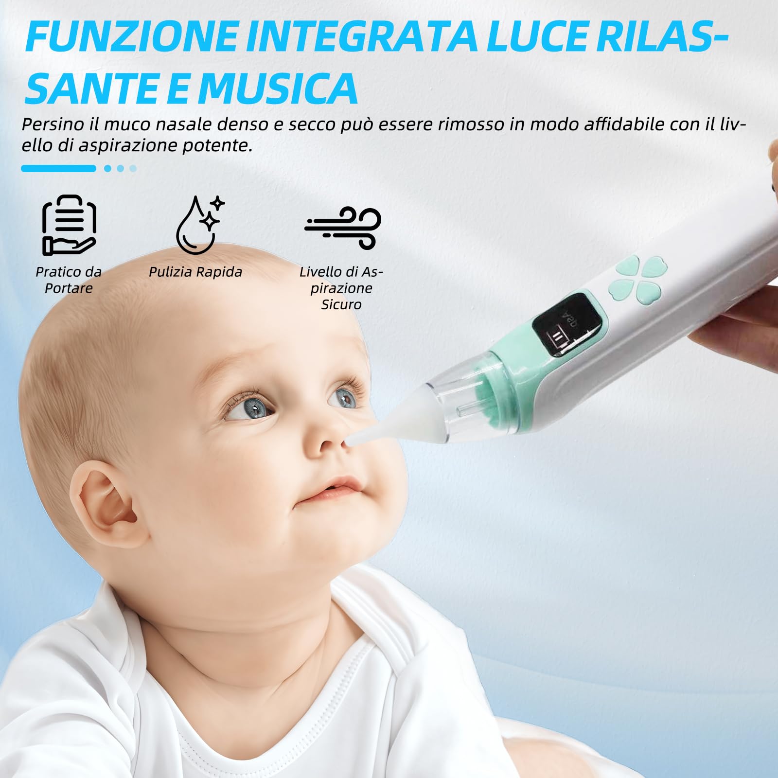 Aspiratore nasale per bambini, potenza di aspirazione regolabile a 3 livelli, 4 testine in silicone, funzione musica e luce, adatto per neonati, lattanti e bambini piccoli