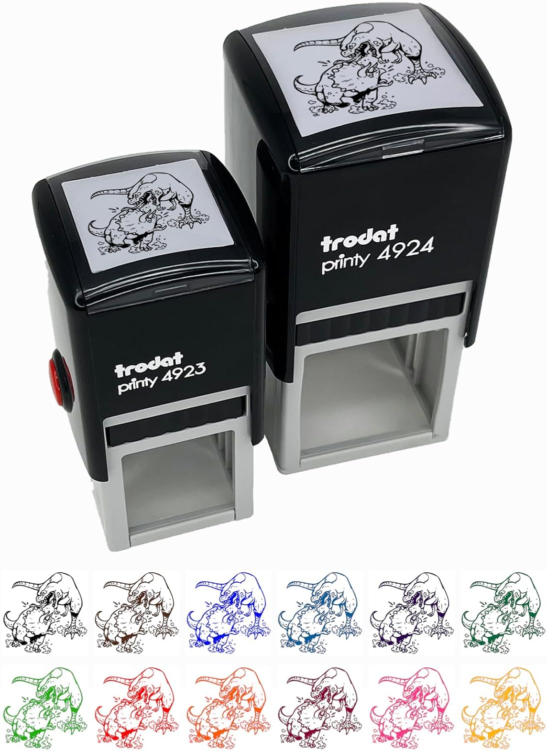 Triceratops and T-Rex Dinosaurs Fighting Self-Inking Rubber Stamp Ink Stamper - 1-1/2 Inch Large - Red Ink