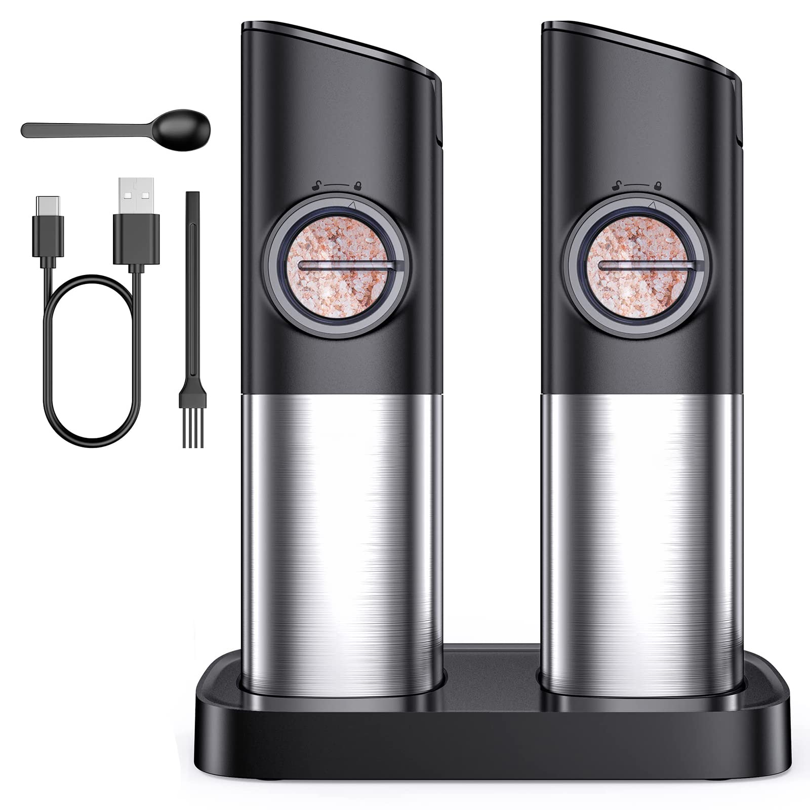 YumLock Electric Salt and Pepper Grinder Set - Automatic Gravity Sensor, Rechargeable with Charging Base, Adjustable Coarseness, LED Light - Perfect for Kitchen, Restaurant, and Outdoor Picnic