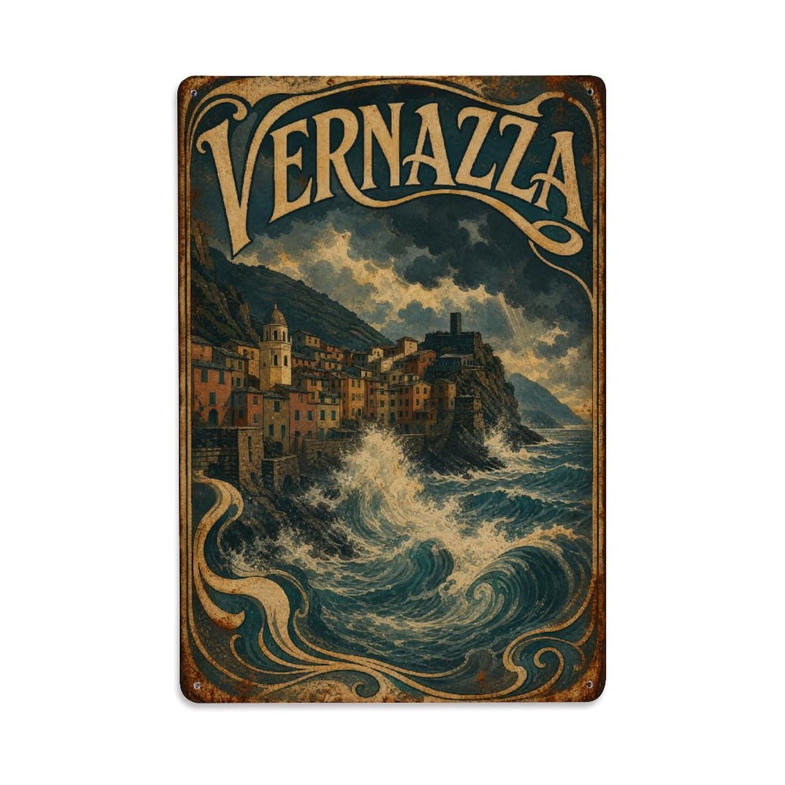 Huiyhb 8X12inch(20X30cm) Vintage Travel Vernazza Storm Waves Dramatic Sea Italy Metal Tin Sign