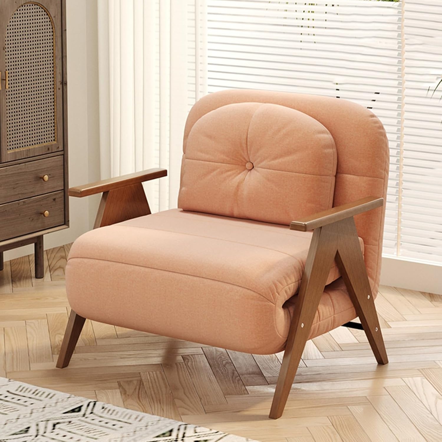 Convertible Sofa Chair Bed, Modern Small Couch with Solid Wood Arms & 6-Position Adjustable Backrest, Ideal for Apartments, Condos, Guest Rooms - Space-Saving Design