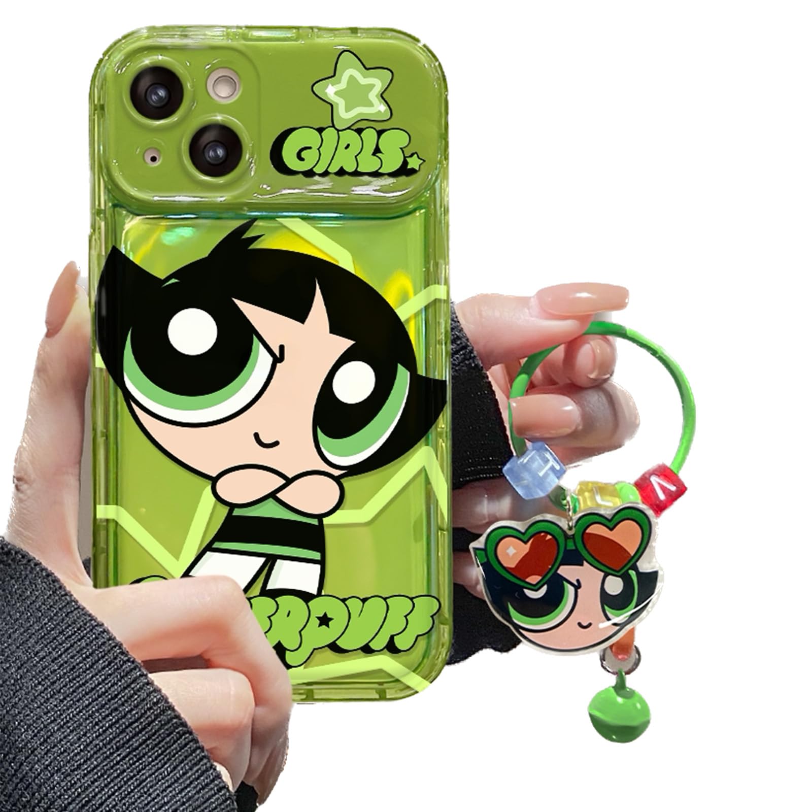 for iPhone 13 Pro Max Case with Makeup Mirror Cute Cartoon Protective Cover for Women Teen Girls with Stand Funny Cool Power Puff Girl Pendant Included (Buttercup, iPhone 13 Pro Max(6.7"))