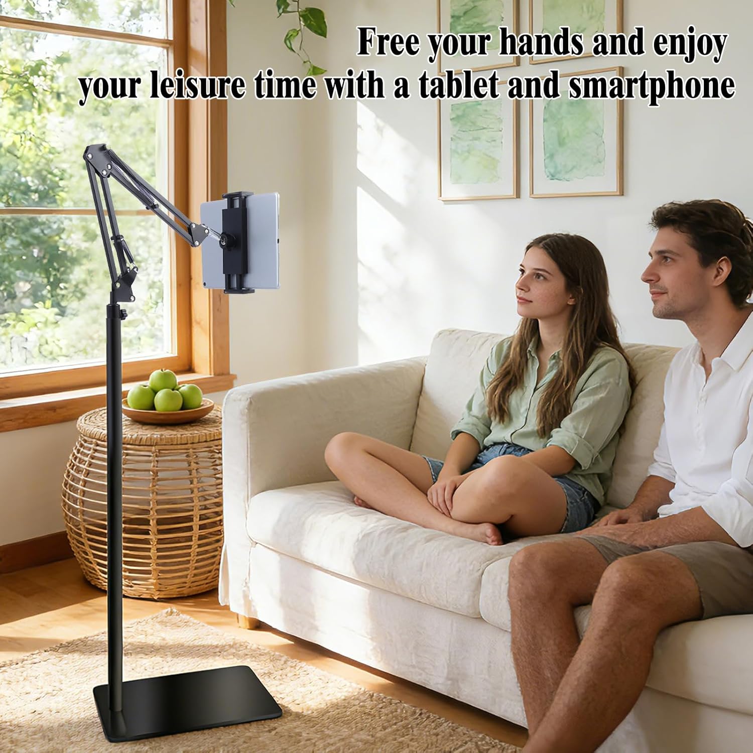 Tablet Floor Stand 360 Rotating - Adjustable Height 32.5-55 Inch Universal Phone Holder for iPad iPhone Galaxy 4.7-12.9 Inch | Hands-Free Use for Bedside Kitchen Office, Sturdy Carbon Steel Base