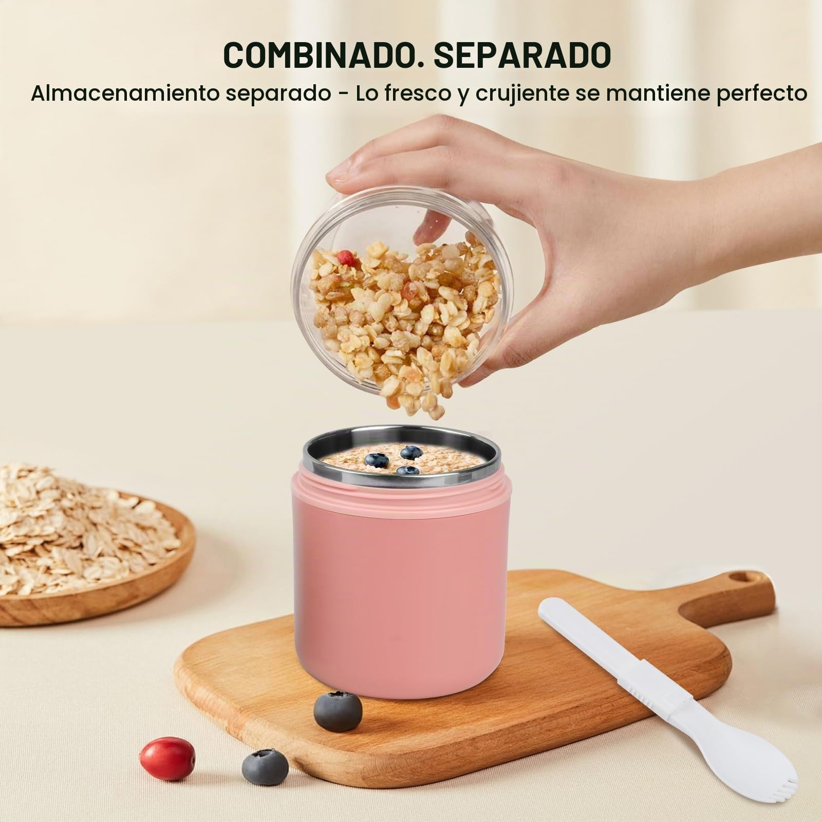 GEEKHOM Set de 2 Vasos de Cereales To Go Acero Inoxidable 530/330 ml: Con Cucharas Plegables y Salseras, Herméticos, Aislantes, Aptos Lavavajillas - Ideal para Trabajo, Escuela, Picnic (Verde + Rosa)