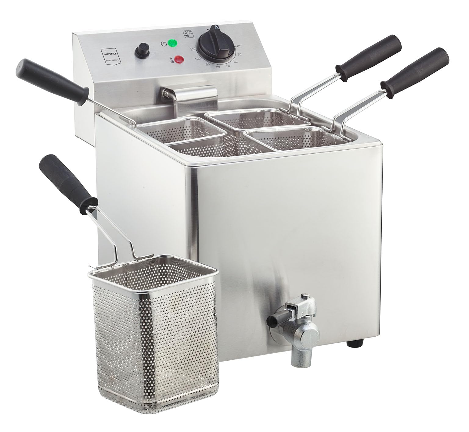 METRO Professional Cuocipasta Elettrico da Banco GNC1008, Acciaio Inox, 8 L, 4 Cestelli, 3150 W, con Rubinetto, Argento