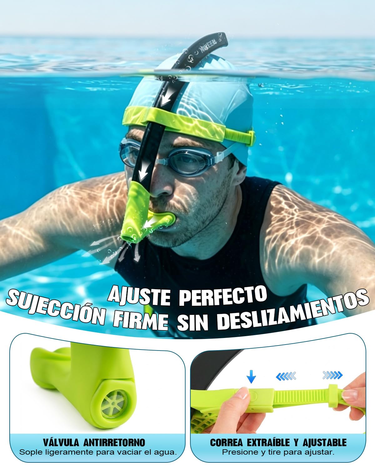 BOOSTEADY Tubo Natacion Frontal de Gran Diámetro: Accesorios Piscina Snorkel Adulto con Sangle Ajustable Hombre/Mujer, Natacion Accesorios Tubo Snorkel con Boquilla de Silicona y Válvula Drenaje