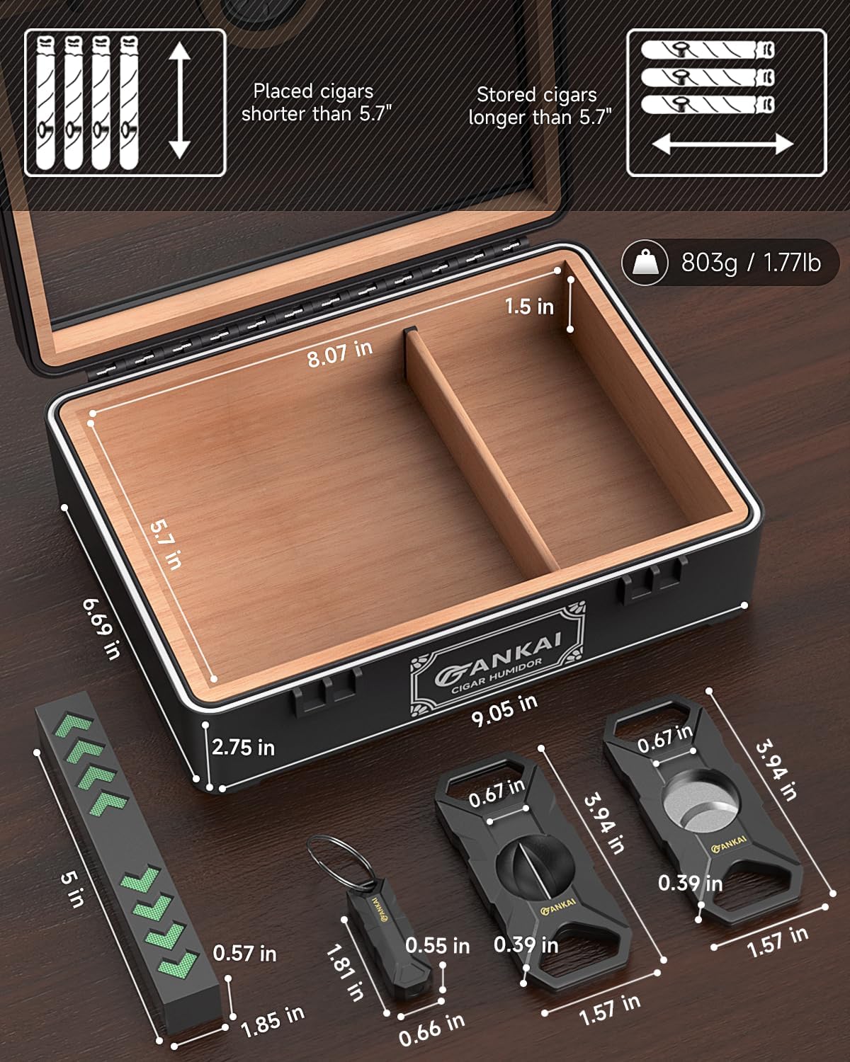 Cigar Humidor, Full Glass Top Cigar Box with Humidifier and Hygrometer, Drop-proof Crushproof Cigar Case, Cedar Wood Lining Storage Box with Divider for 20-25 Cigars (Black) - Image 2