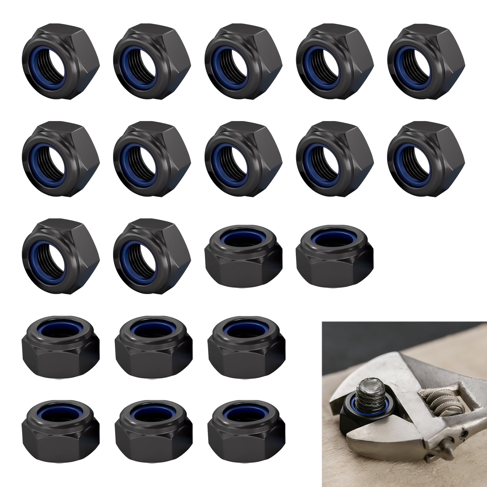 20 PCS M6 Nyloc Nuts, M6 Nylock Nuts Steel, 6mm Self-Locking Hex Lock Nut with Nylon Inserts, Black Hexagon for Bolts, Washers, Screws, Corrosion Resistant, Easy Install for Automotive, Machinery, DIY