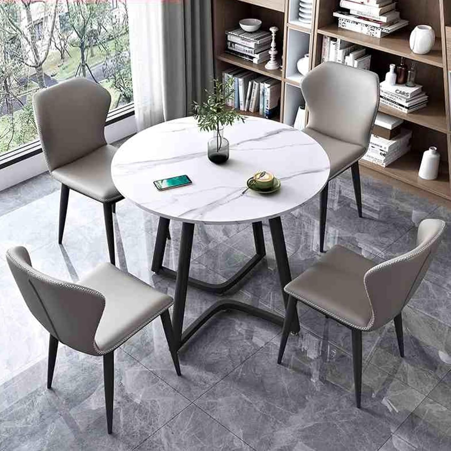 Office Reception Room Club Table and Chair Set, Simple Meeting Negotiation Table and Chair Set, Round Negotiation Table 1 Table 4 Chairs,Grey