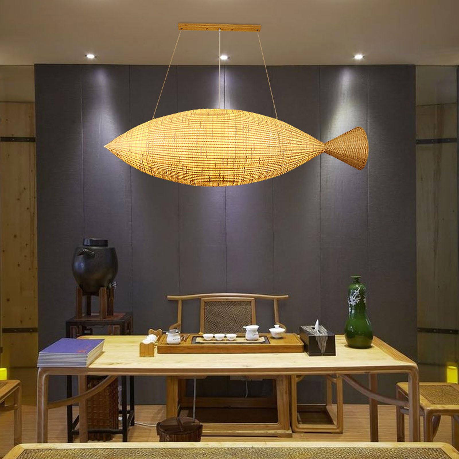 Lámpara colgante creativa de bambú con forma de pez, cocina del sudeste asiático, lámpara decorativa de bambú hecha a mano para sala de estar, adecuada para comedor, luminaria de estilo rústico.