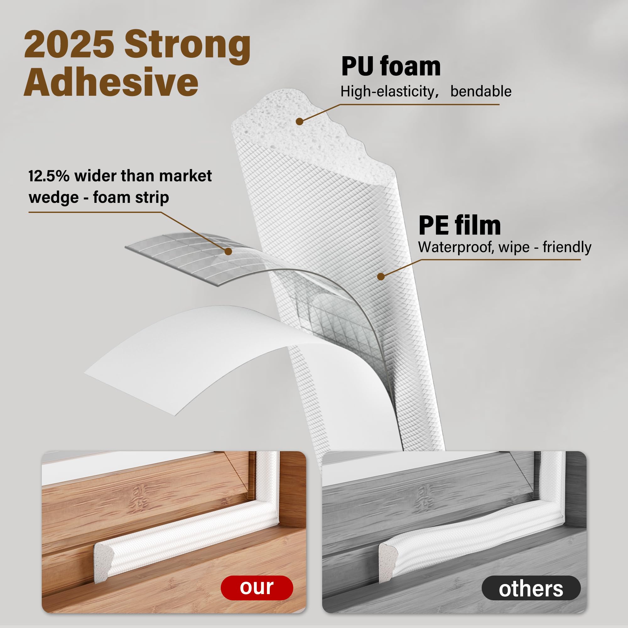 Draft Excluder For Doors And Windows, 118Inch/3m Self-Adhesive Sealing Strip ,Wedge Draught Excluder Tape, Insulation Foam Seal Strip With Utility Knife, Door Window Soundproofing Windproof Gap Blocker