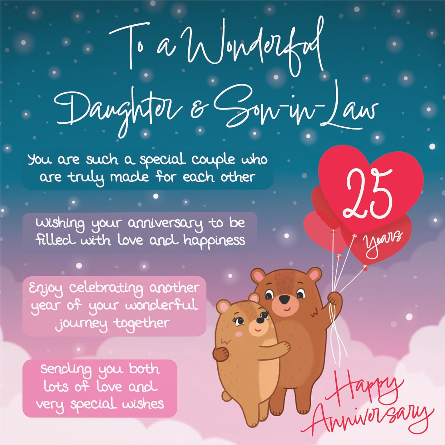 Hunts England, Daughter And Son In Law 25th Anniversary Card, Starry Night, Cute Bears - Image 2