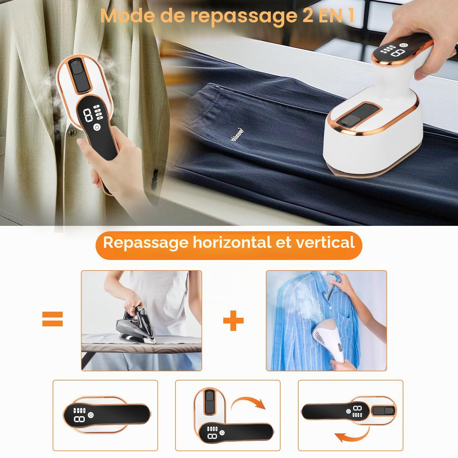 Mini Fer À Repasser De Voyage 1190 W, Petit Fer À Repasser Voyage Portable Pliable avec Affichage LED et Vapeur à 4 Niveaux, Mini fer a Repasser Couture pour Les Voyages et la Maison