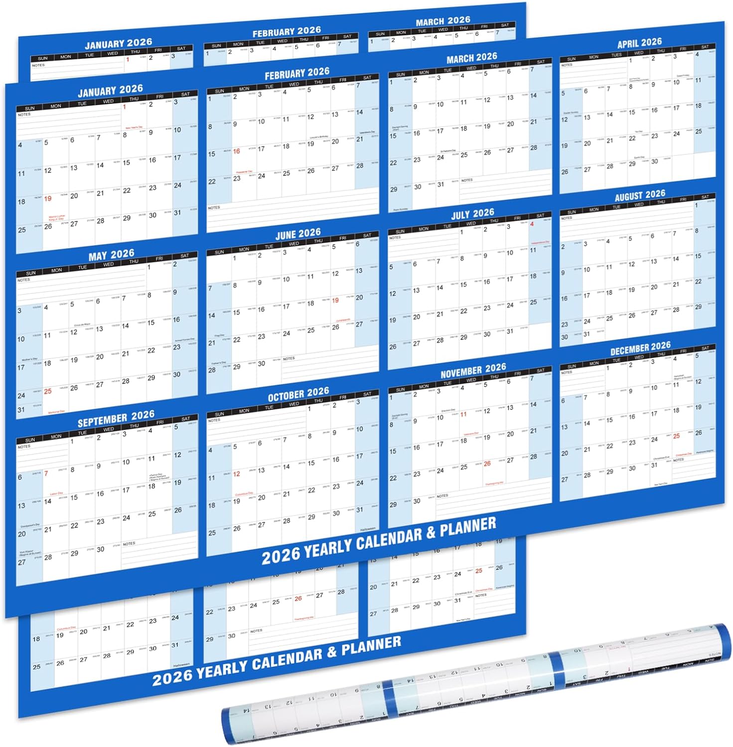 32 x 48" 2026 Wall Calendar - Large Dry Erase Calendar 12 Month Annual Yearly Wall Planner 2-Sided Horizontal/Vertical, Reversible (Blue)