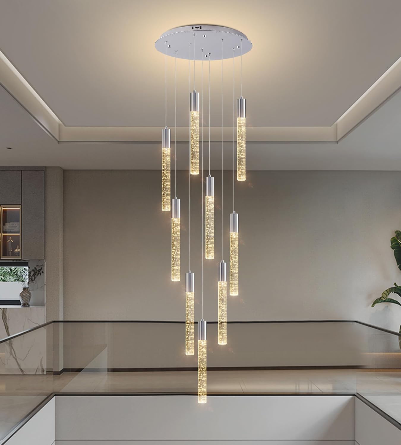 9-Lights High Ceiling Crystal Chandelier, Modern LED Raindrop Pendant Light Fixture 79" H Flush Mount Chandelier Chrome for Foyer Staircase Living Room