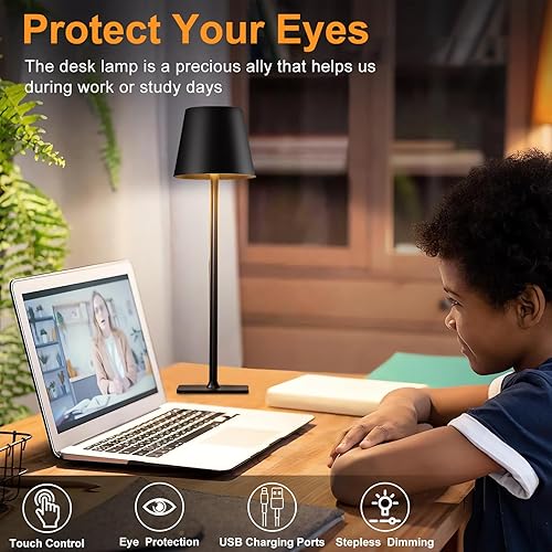 Miniatura 4 de Moderna lámpara LED inalámbrica, lámpara de escritorio negra recargable de 5000 mAh, funciona con pilas, luz de mesa de 3 colores con atenuación de