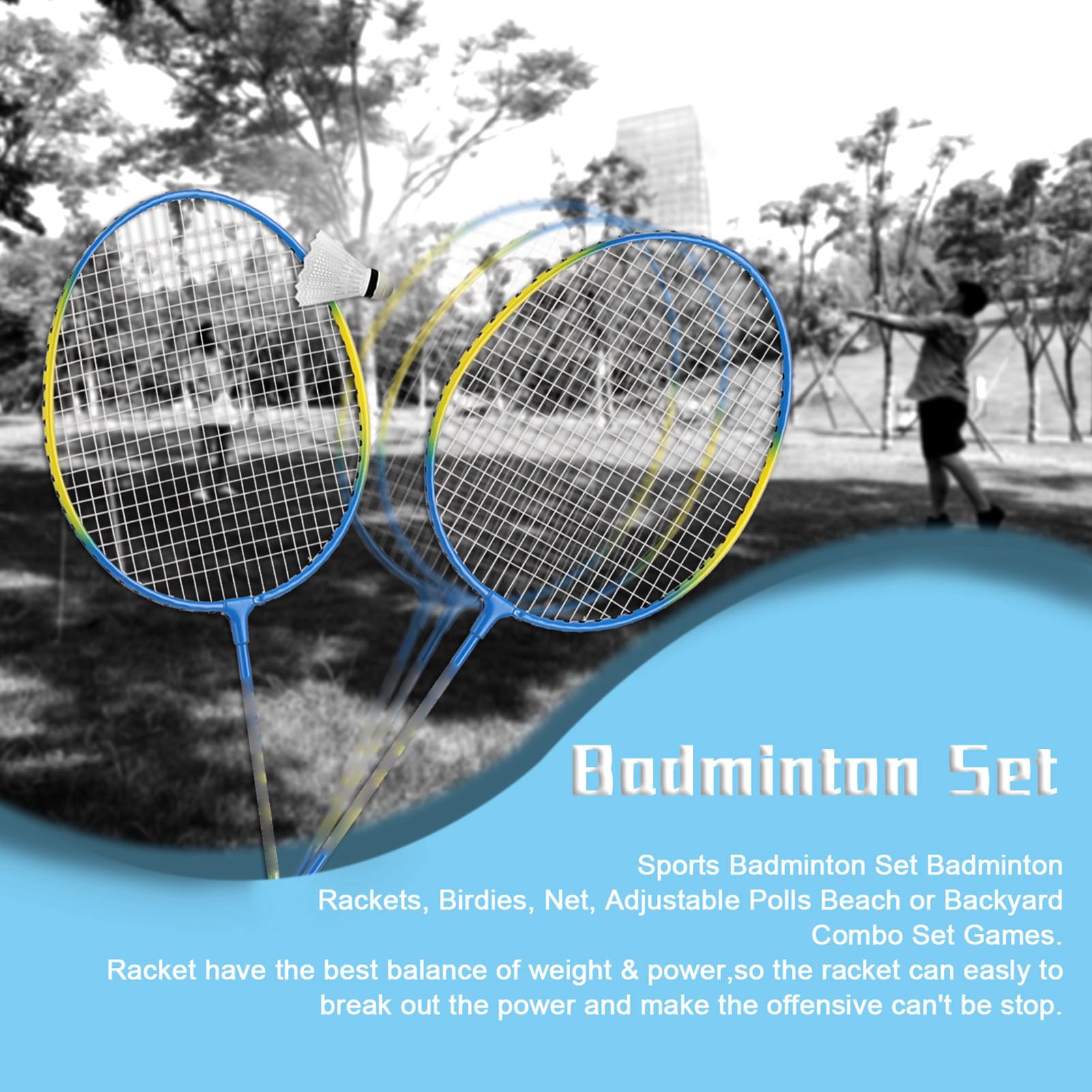 HUIOP Sports badminton zestaw rakiety do badmintona, ptaki, siatka, regulowane polki plażowe lub podwórkowe zestaw do gry combo, rakiety do badmintona