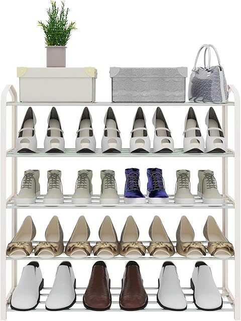 eSituro 5-Tier Shoe Rack Organiser for 15-20 Pairs of Shoes, Free Standing Shoe Shelving Unit, PP Metal Shoe Storage in Entrance Hallway, 79x79x20cm Footwear Storage Organiser Beige SSHR0026