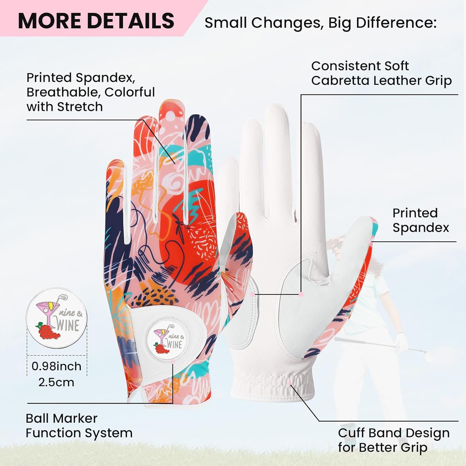 Womens Golf Glove with Ball Marker Value Set, Left Hand Right 1 Pack 6 Plastic Tee with Divot Tool, Stylish Colored All Weather Grip Breathable for Ladies Women