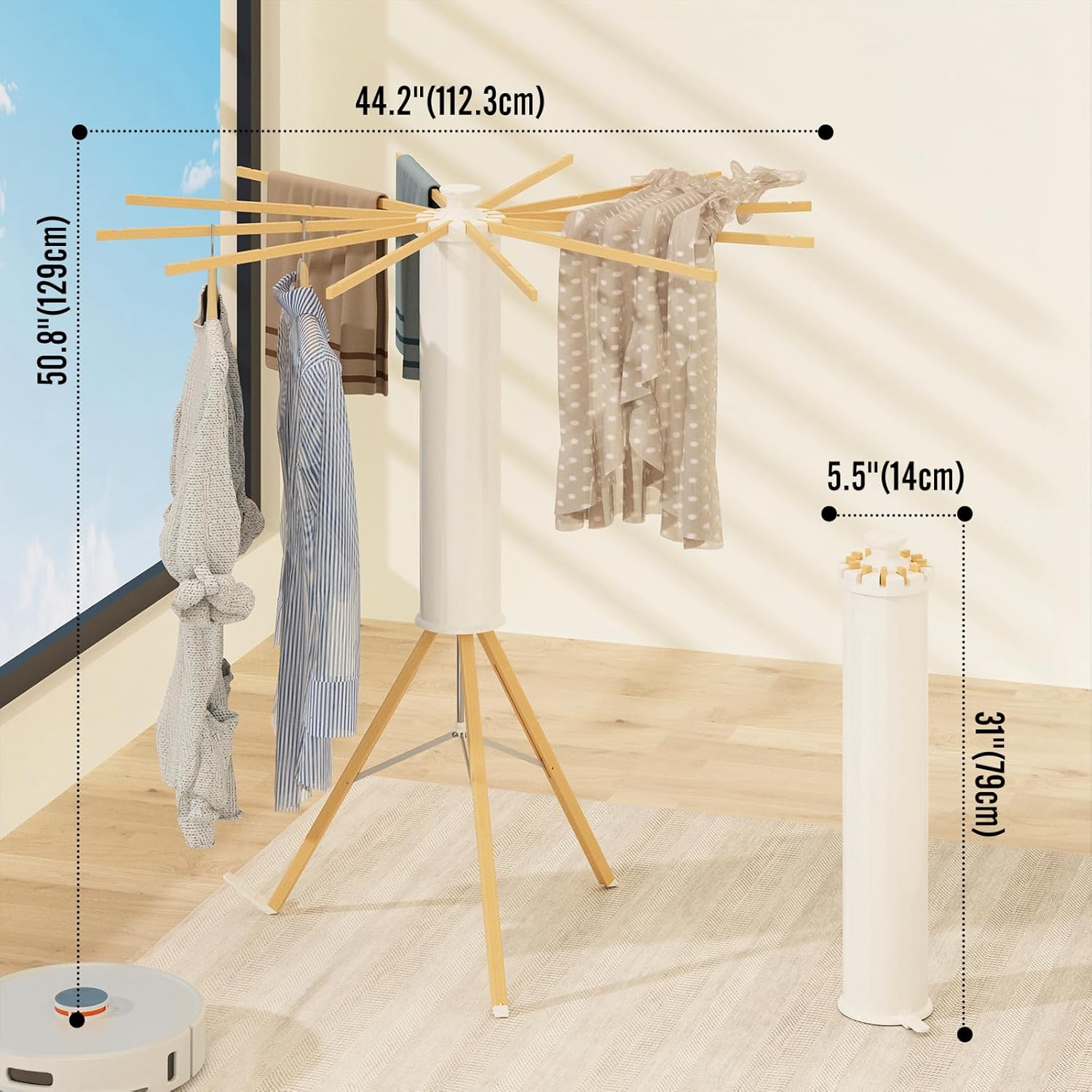 Dr.DJ Tripod Drying Rack Portable, Foldable Drying Rack Clothing with 12 Wood Drying Arms, Standing Laundry Hanger Rack Round Collapsible & Portable Handle for Laundry Room, Balcony, Bedroom, RV