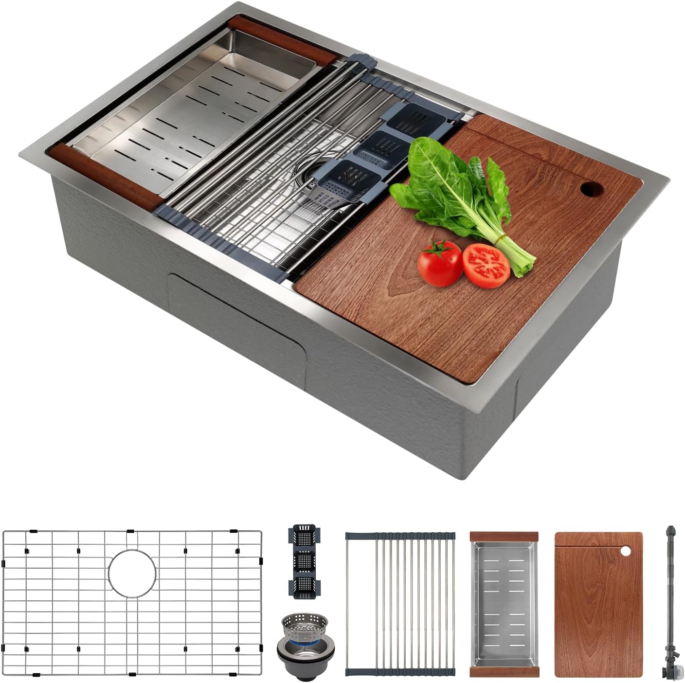 30 Inch Undermount Kitchen Sink Superior Drain Kitchen Sinks 11 Gauge (3mm) Stainless Steel, Single Bowl Integrated Ledge Multifunctional Workstation Set