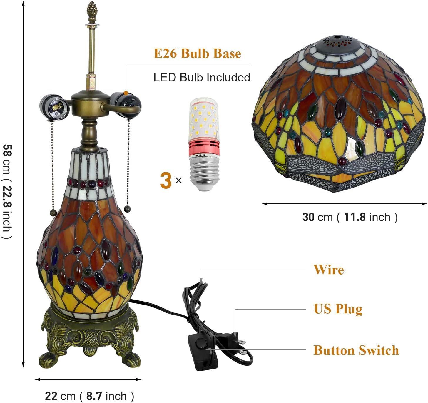 Tiffany Style Handmade Stained Glass Table Lamp Beautiful Dragonfly Table Lamps 12 Inch Wide 23 Inch Tall Vintage Desk Lamp for Living Room Bedside Home Decoration (LED Bulb Included)