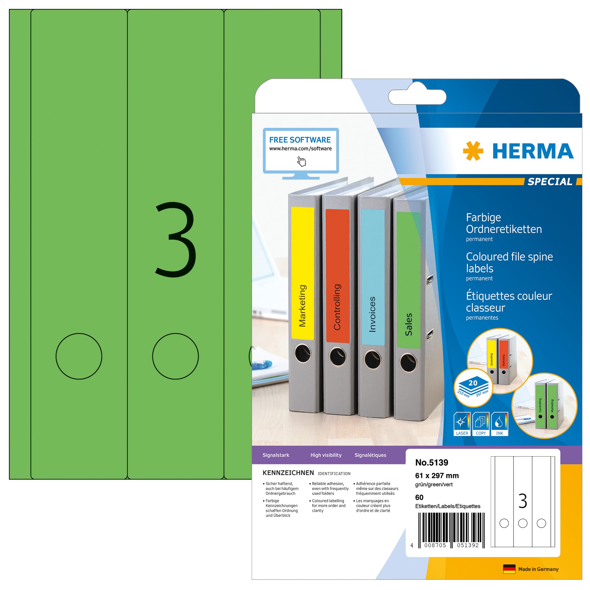 HERMA Self Adhesive Spine Labels, 3 Labels per A4 Sheet, 20 Sheets, 61 x 297 mm, 60 Labels, Blank Lever Arch File Folder Labels Stickers, Sticky Labels for Laser & Inkjet Printer, Green