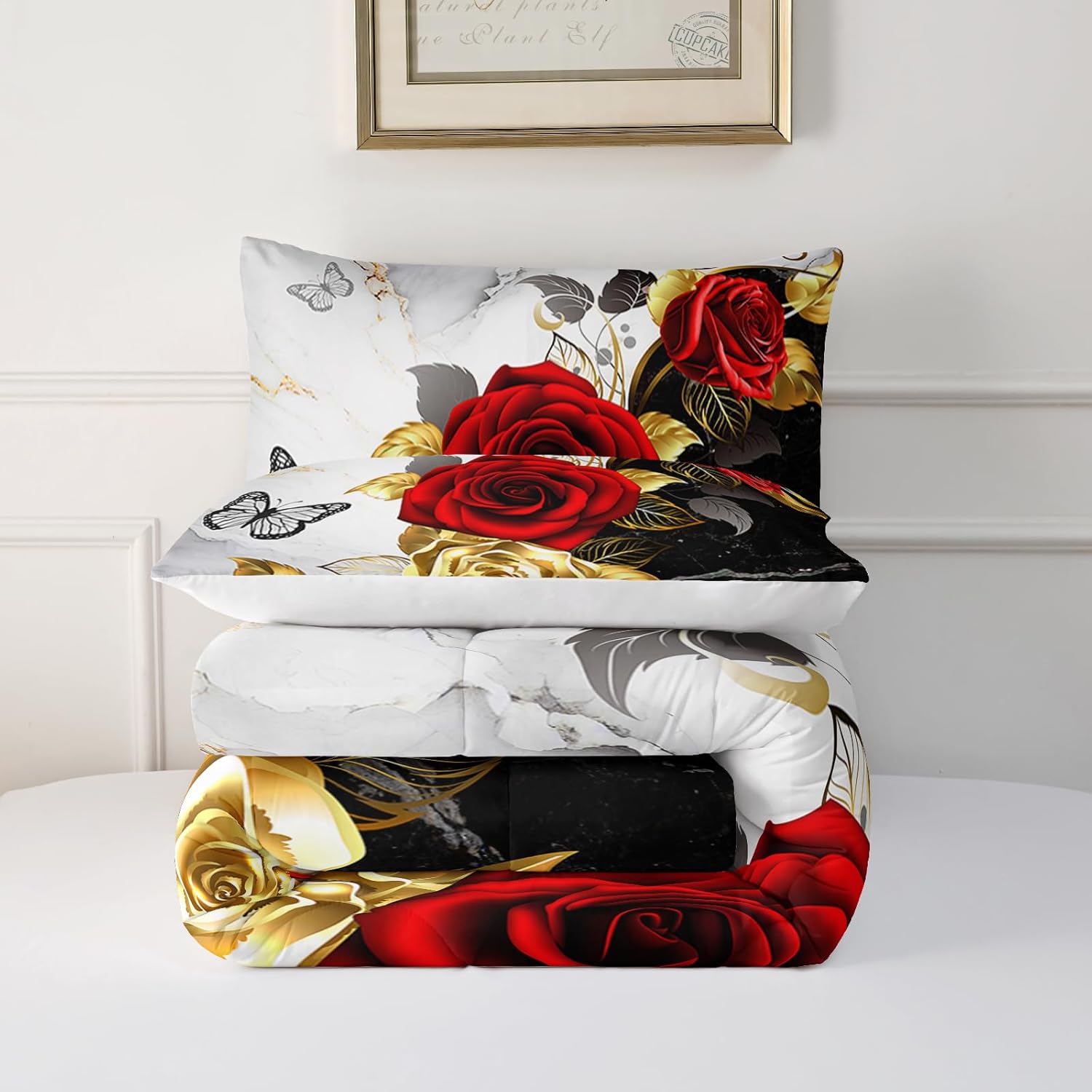 Red and Gold Roses Comforter Set for Girls Kids Twin Size, 3-Piece Black and White Floral Butterfly Pattern Bedding Set Soft Lightweght Bed Decor All Seasons