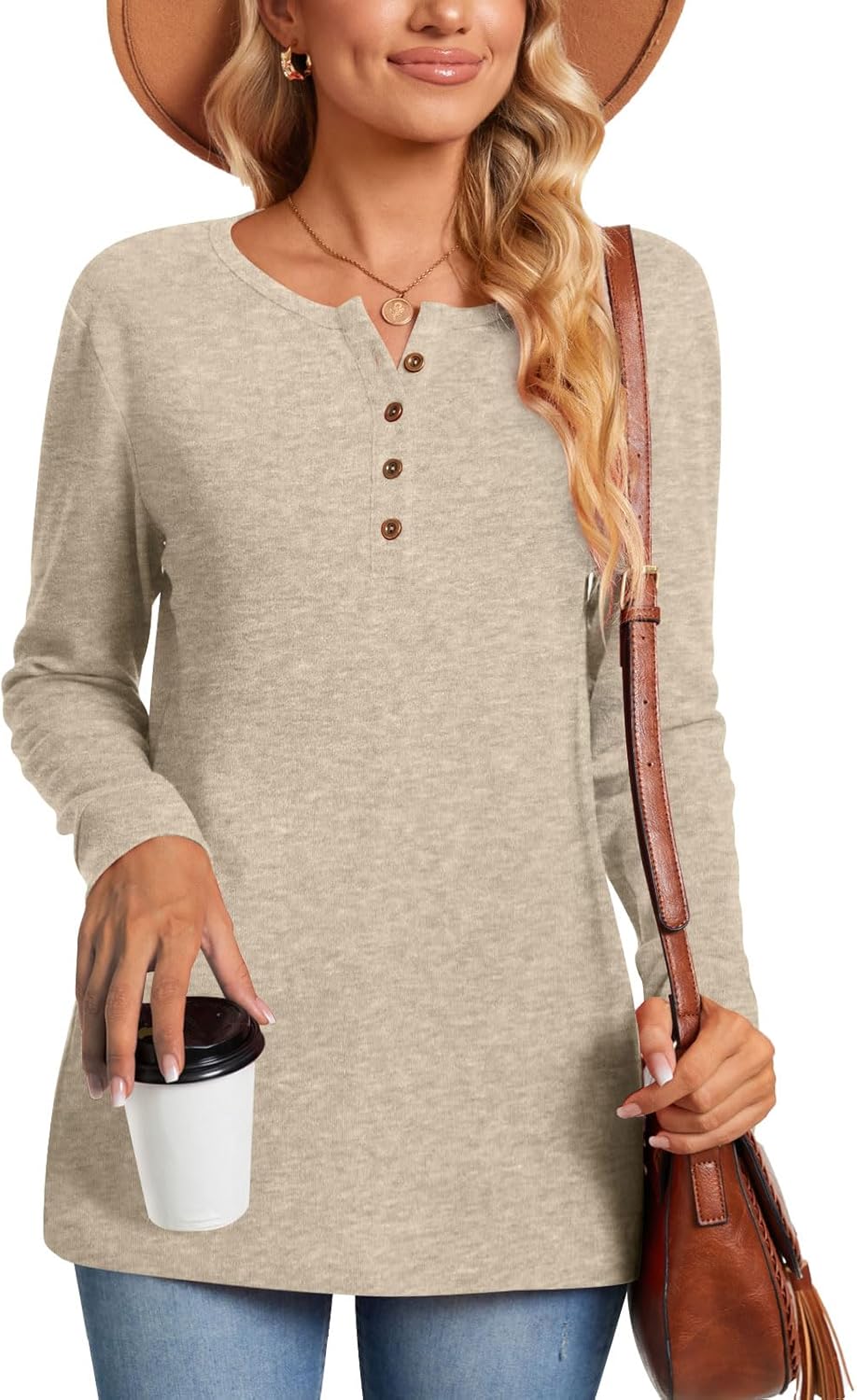 Aodemo Women's Henley Tops Fall Long Sleeve Button Up Tunic Casual Loose Winter Sweatshirt - Image 2