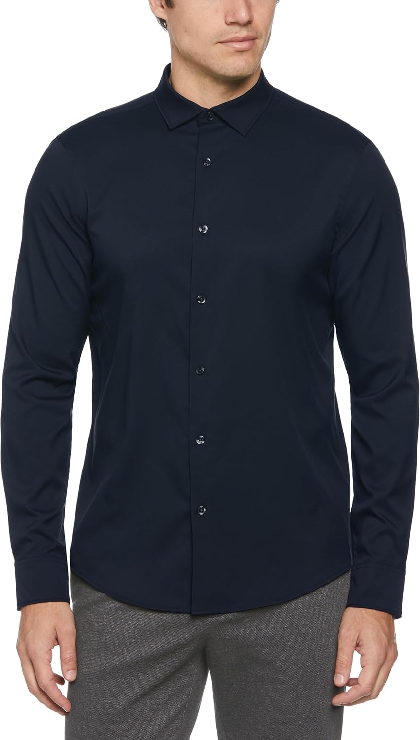 Perry Ellis Mens Solid Long Sleeve Dress Shirt, Slim Fit, Point Collar, Lightweight Stretch Fabric