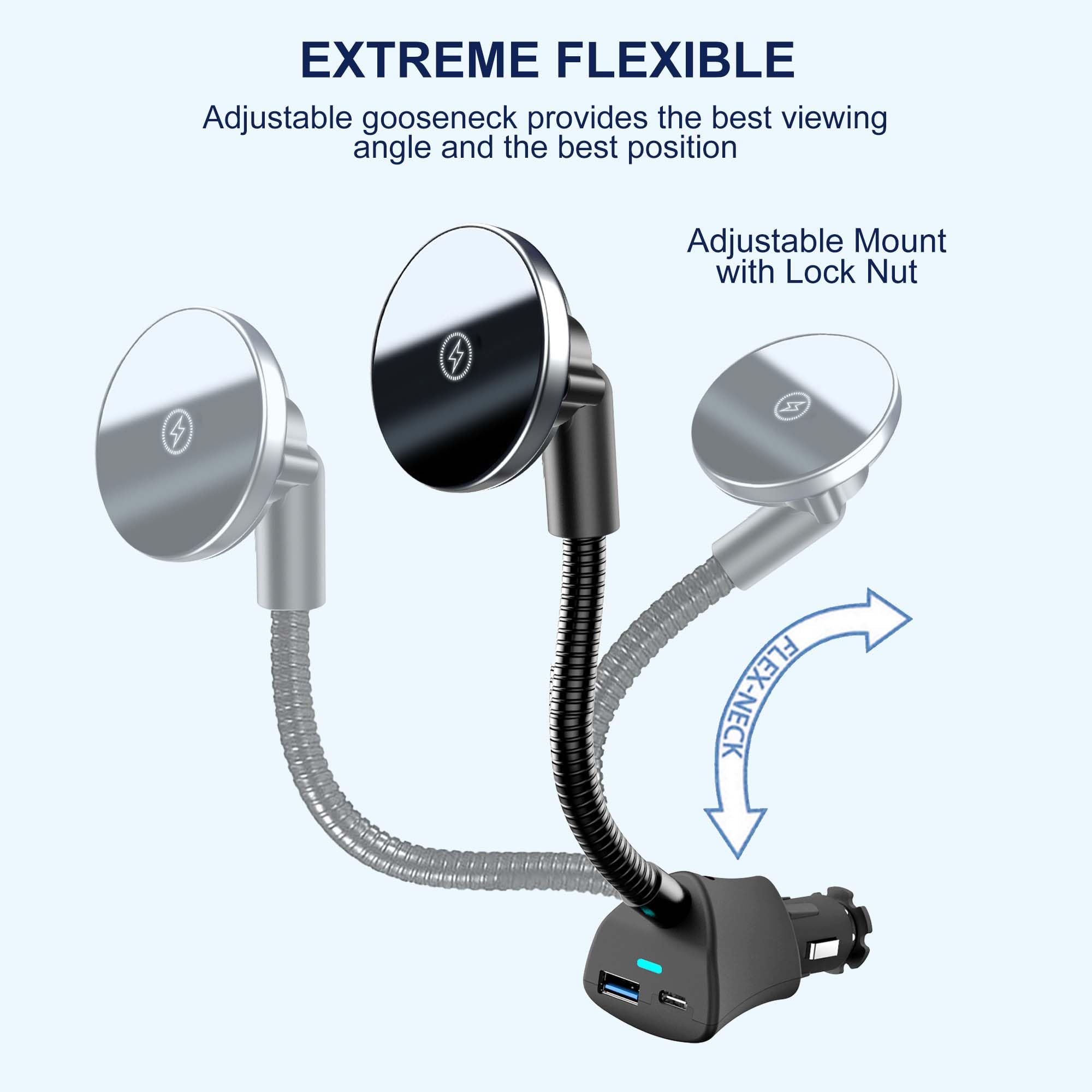 Mag-Safe - Cargador de coche inalámbrico de 15 W para iPhone, cargador de teléfono para encendedor de cigarrillos con doble puerto PD&QC3.0 de carga rápida para iPhone 16, 15 Pro Plus, Max 14, 13, 12