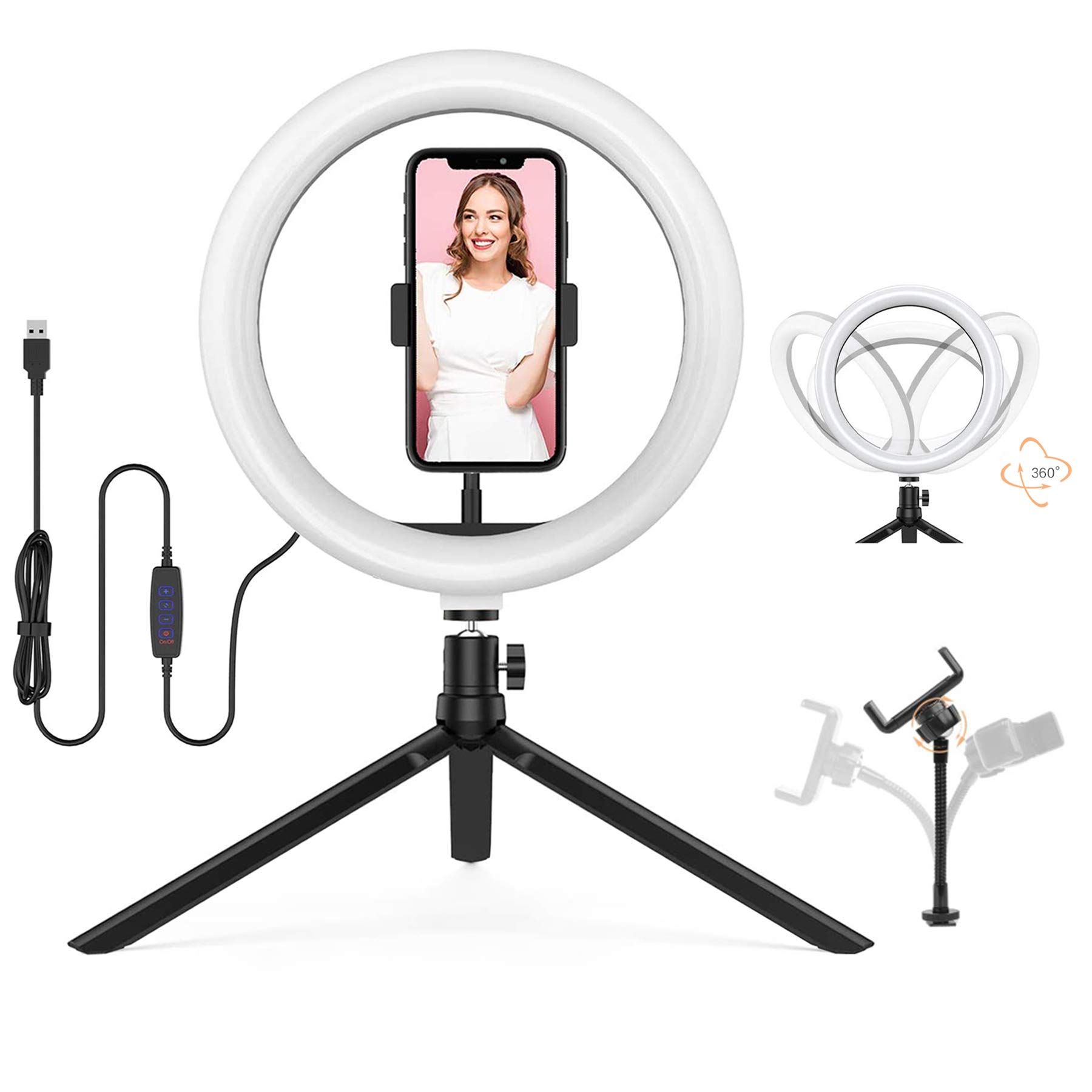 10 inch Selfie Ring Light-USB Beauty Fill Light with Tripod Stand,3 Light Modes &10 Brightness Level Ring Light,desk light with Bluetooth Remote & Phone Holder