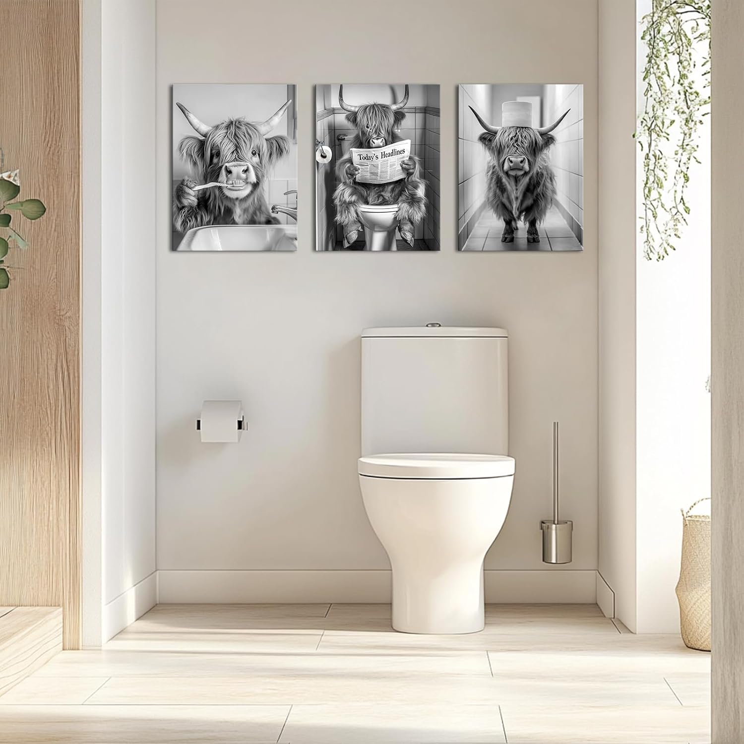 VANSEEING 3 Pieces Bathroom Wall Art Highland Cow Pictures Funny Wall Decor Black and White Canvas Prints Cattle Reading on Toilet Brush Teeth Bathroom Decor for Restroom 12"x16"x3