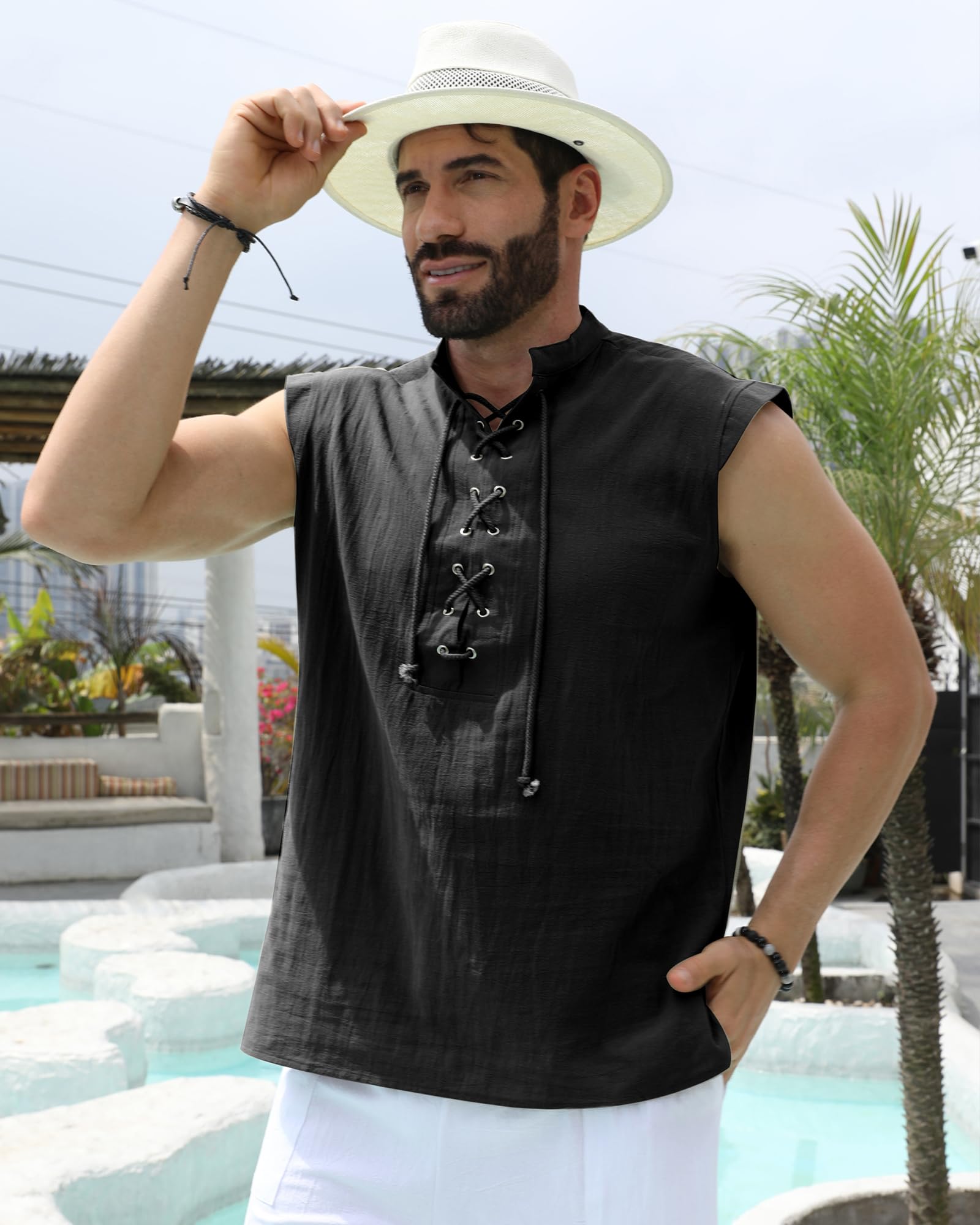 YAOBAOLE Camicia da uomo senza maniche medievale Viking Costume con lacci Renaissance Viktorian Steampunk Pirata Camicia Uomo