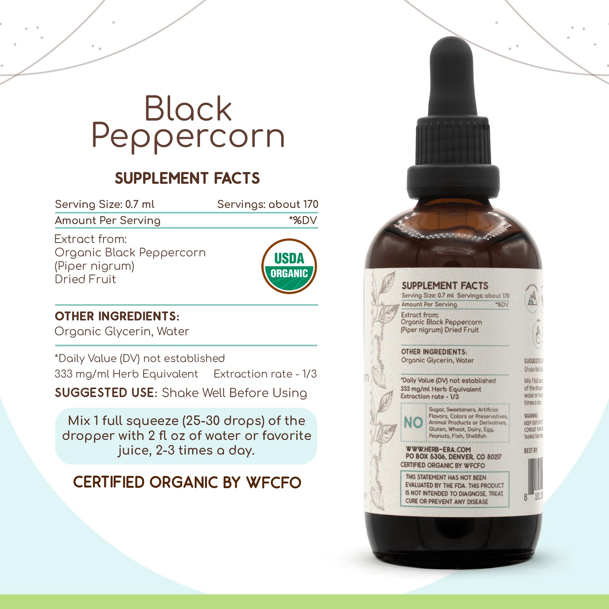 HerbEra Black Peppercorn USDA Organic Tincture | Alcohol-Free Extract, Herbal Drops | Certified Organic Black Peppercorn (Piper nigrum) Dried Fruit (4 oz) — Amazon image 3