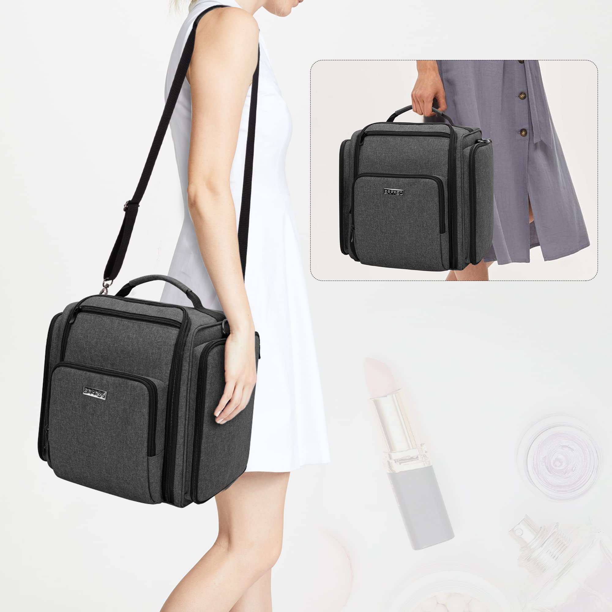 BAFASO Borsa per Trucco con 4 Tasche Interne Rimovibili, Borsa per il Trucco da Viaggio, Borsa per Cosmetici, Nero