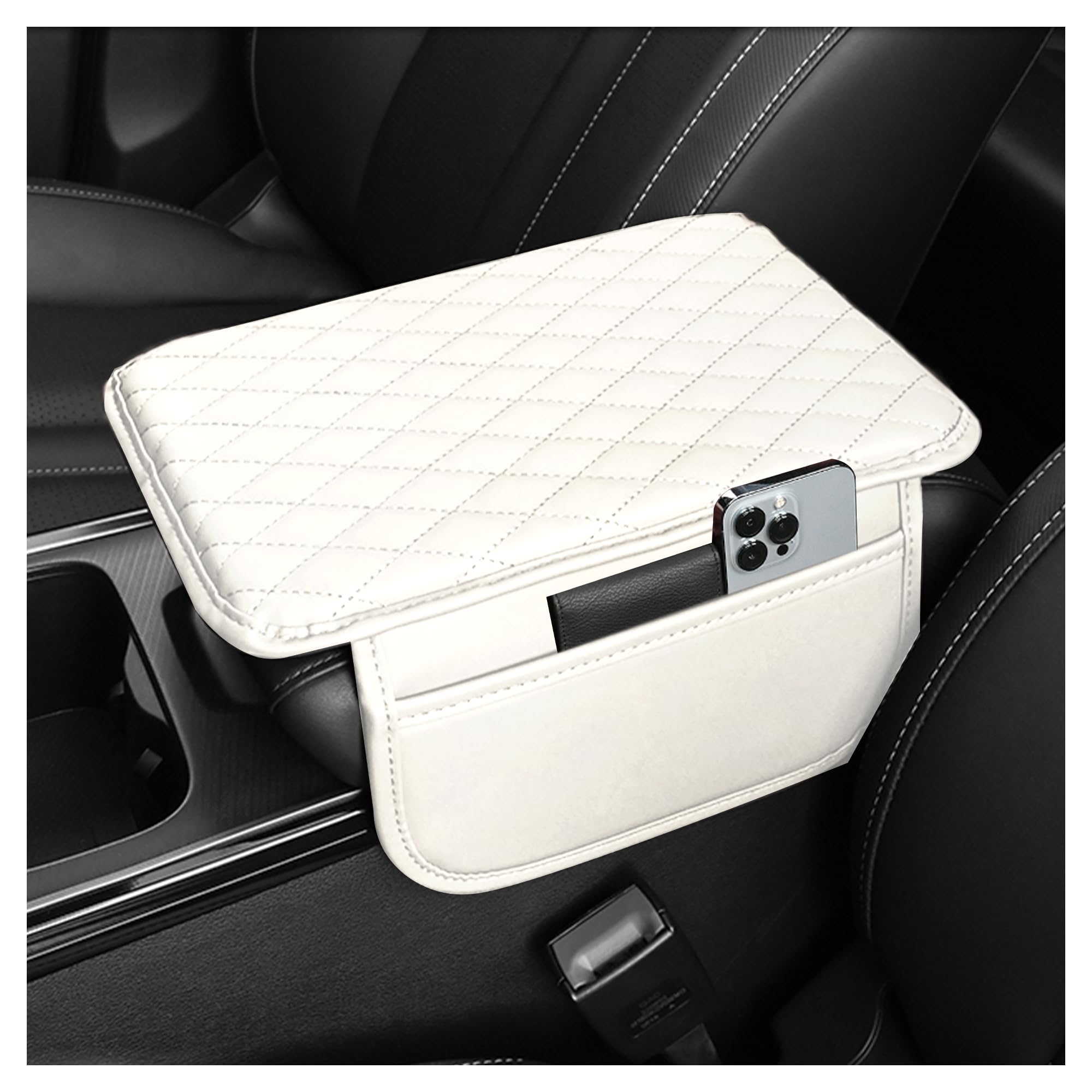 Upgraded Car Center Console Cover,Microfiber Leather Car Armrest Cover Cushion with 2 Storage Bags,Universal Car Armrest Storage Box Car Interior Accessories for Most Vehicles (Pearl White)