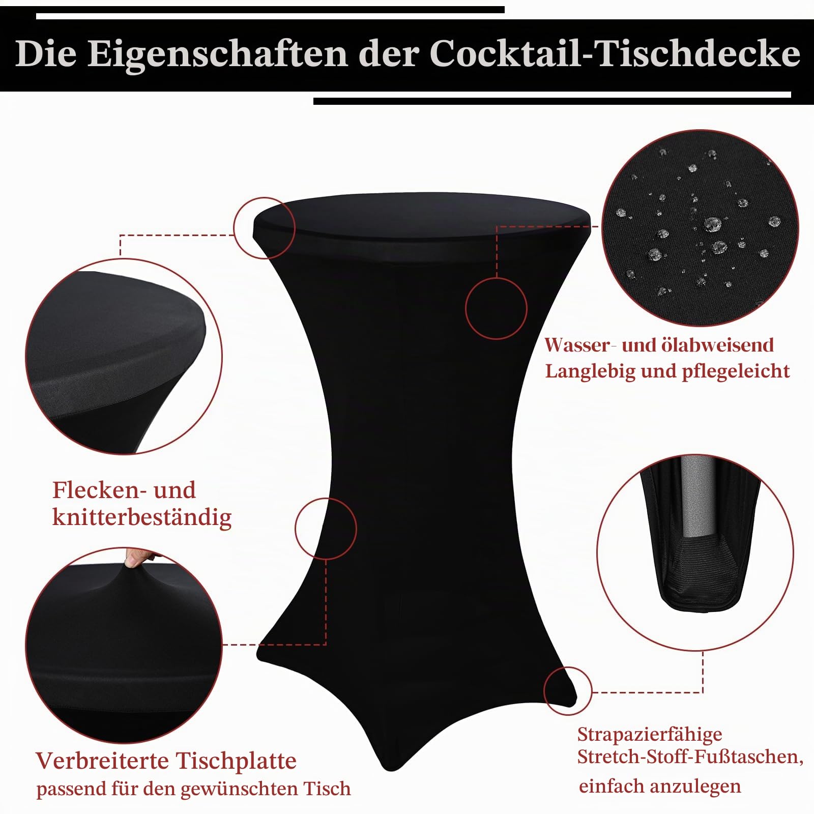 6er-Set Stretch Stehtisch Husse für Bistrotisch Ø 80-85 cm Schwarz