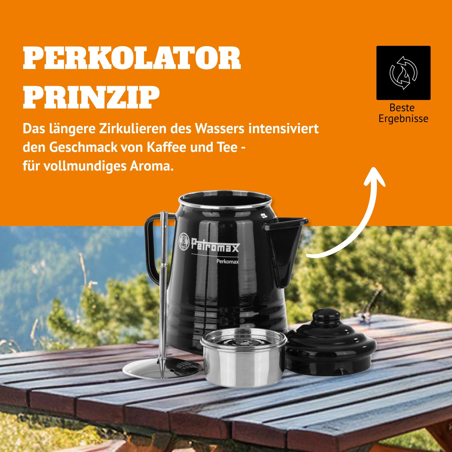 Petromax Perkomax Perkolator, Kaffee & Teekanne, emailliert, 9 Tassen, für Camping & Herd - 1,5 Liter schwarz