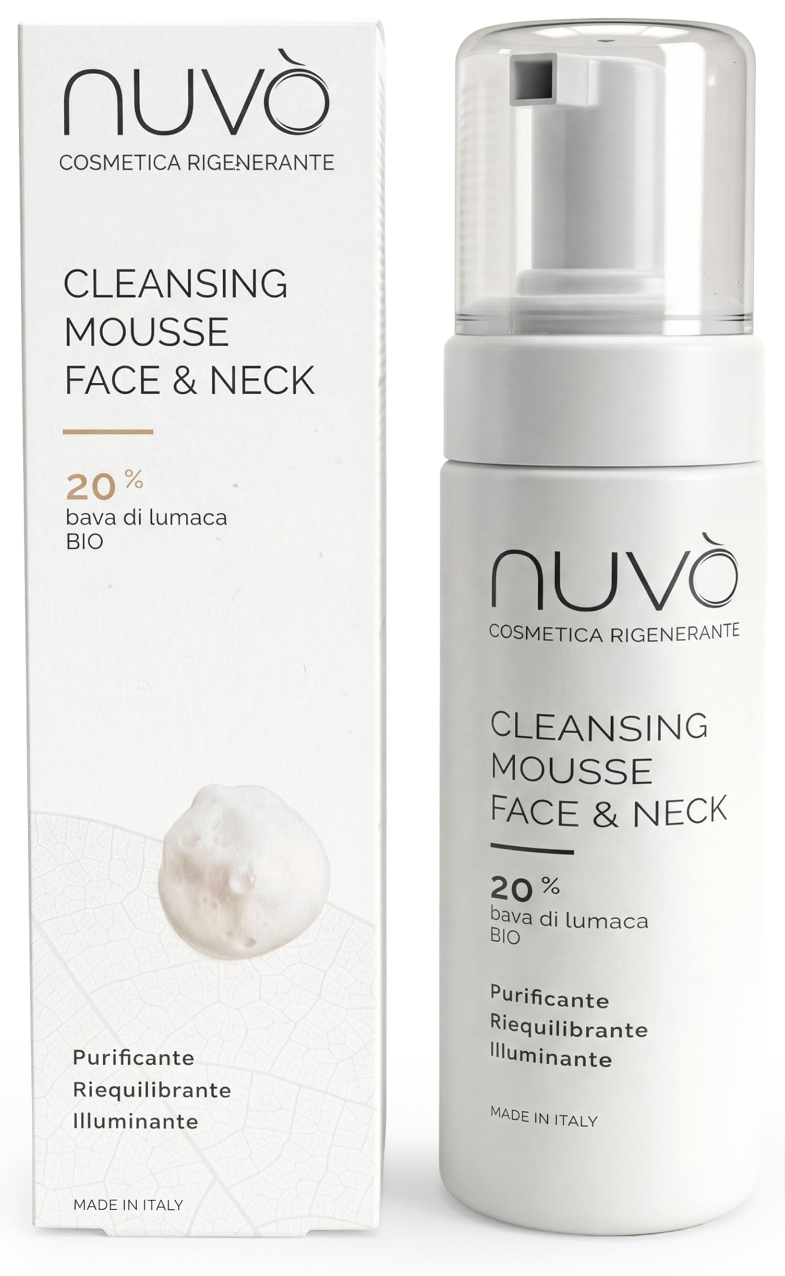 Nuvò – Mousse Detergente Viso alla Bava di Lumaca Bio, 150 ml, Detergente Viso per Pelli Miste con Aloe, Malva e Acido Salicilico, Ideale per Uomo e Donna per Skincare Purificante, Made in Italy
