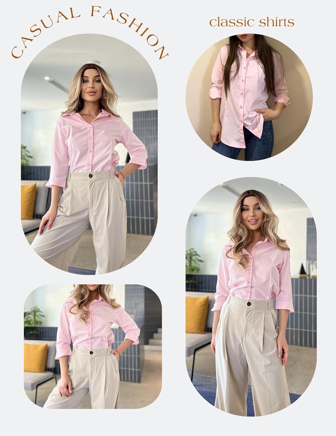 HOTOUCH Women Button Down Shirts 3/4 Sleeve Basic Business Dress Shirt Slim Fitted Classic V Neck Button Up Work Blouse Tops - Image 4