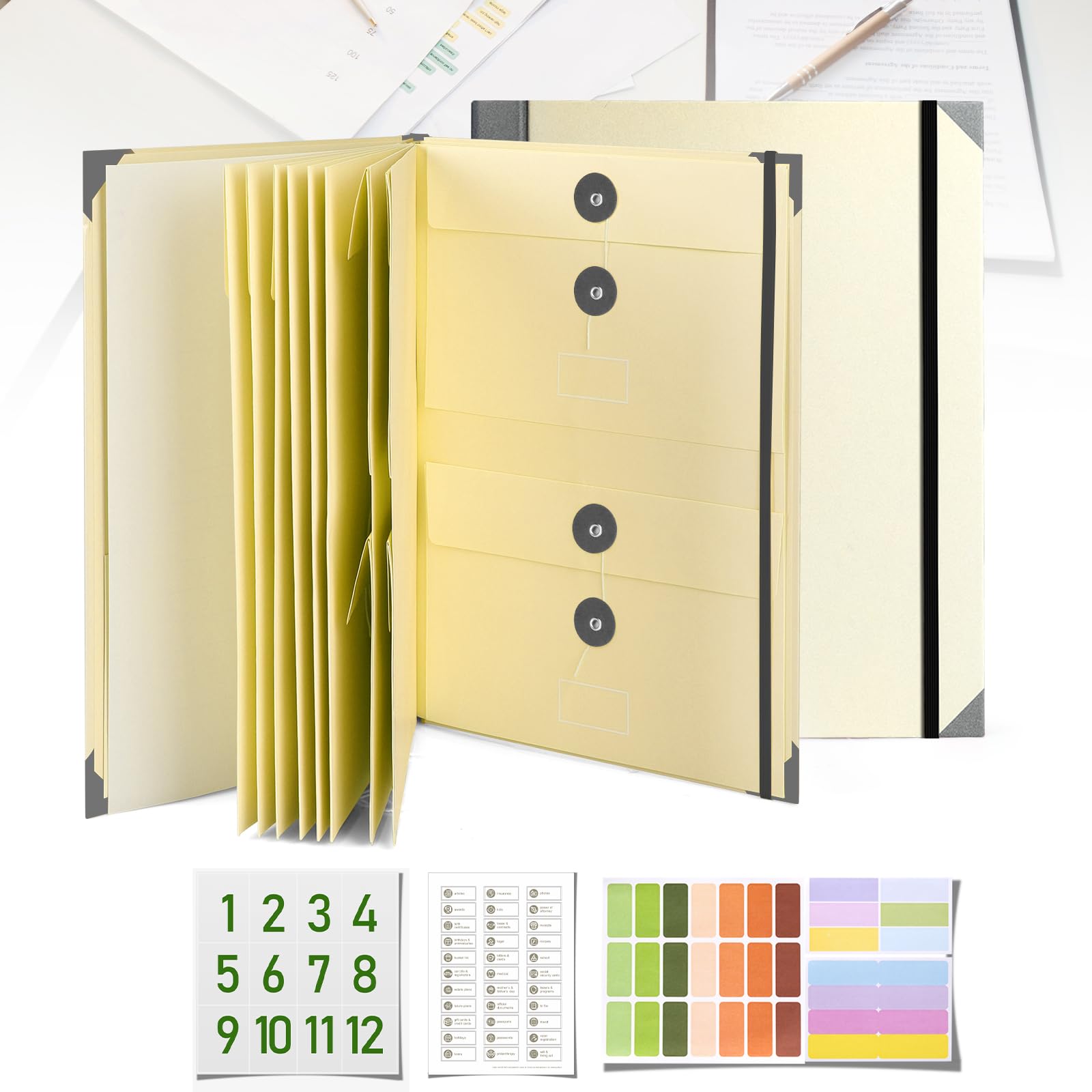 Document Organizer, File Folder with Labels and Pockets, Expanding Storage Folder for Important Papers, Emergency Binder, Birth Certificates and Letters, Ideal for Home Files Organization (Yellow)