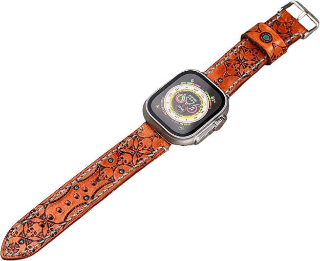 Leather Band for Apple Watch, Floral Skull Boho, Handmade Vegetable-Tanned, Hand-Stitched Saddle Stitch, Compatible with Apple Watch 42mm/44mm/45mm/46mm, for Men and Women