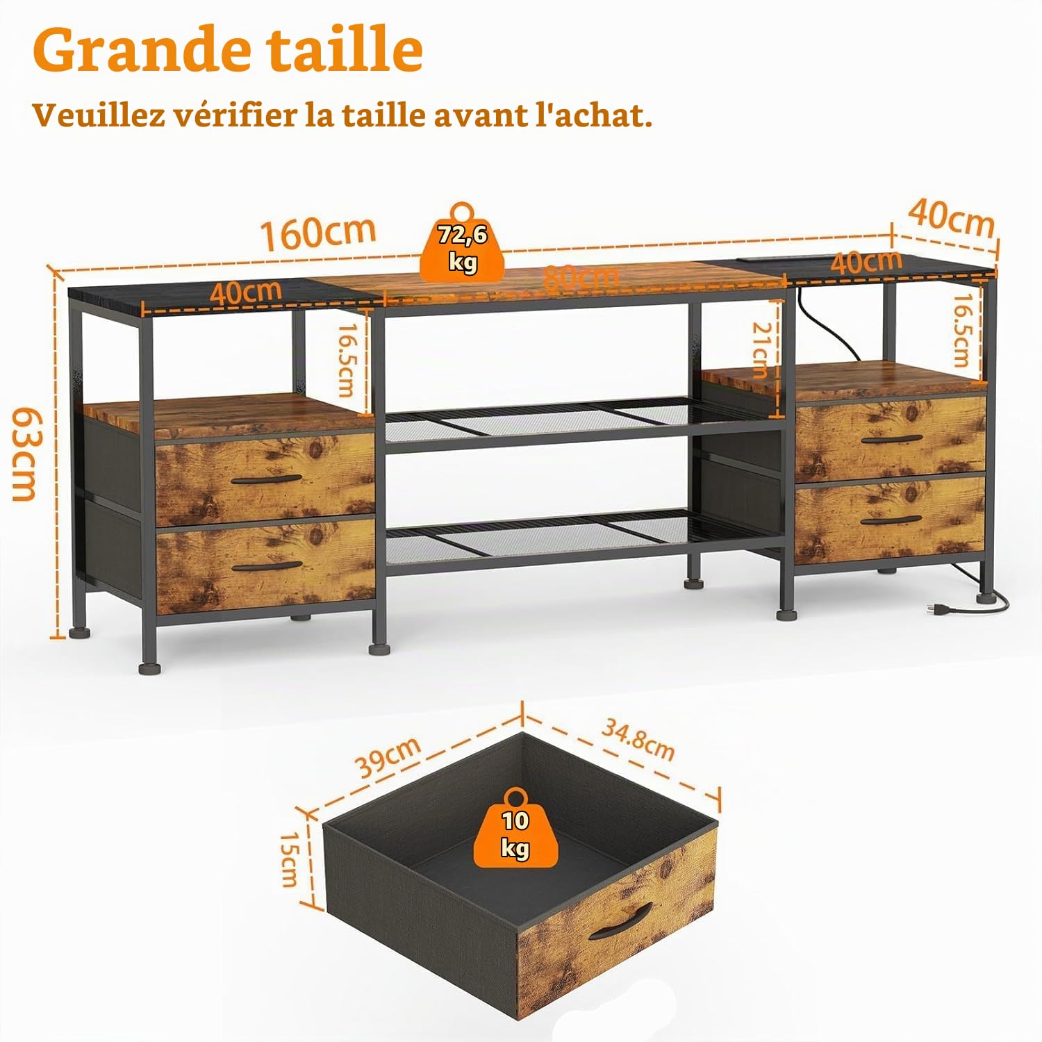 PIPIPOXER Meuble TV LED,Meuble TV avec éclairage LED e Multiprise, 2 Prises CA, 2 Ports USB pour Télévision Jusqu’à 70 Pouces Convient pour Salon ou Chambre, Marron Rustique
