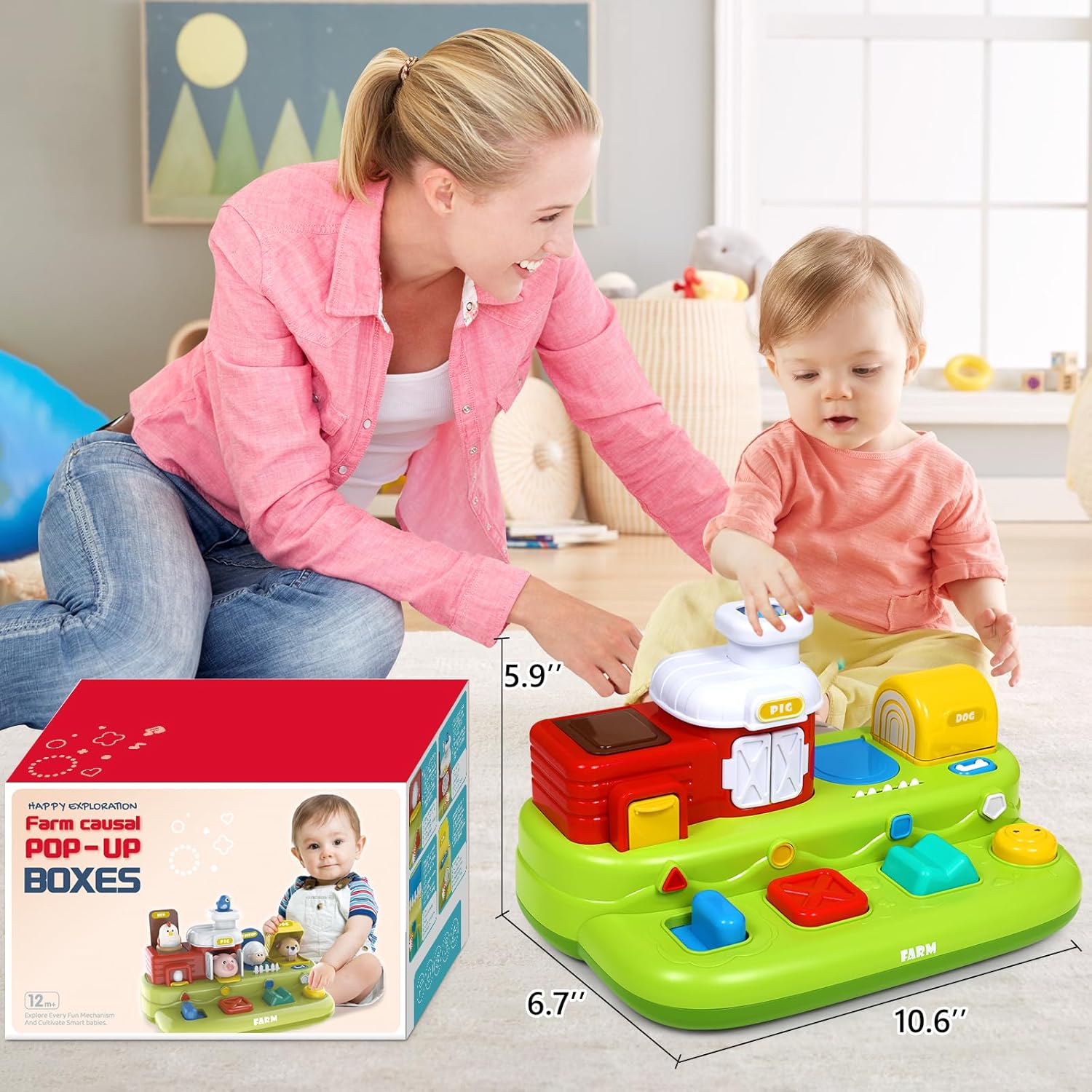 Vunrahsg Interactive Pop Farm Animal Up Toys with Music Sounds Montessori Cause and Effect for 1-3 Baby Boy Girl Early Educational Musical Baby Infant STEM Gift 12-18 Months Babies Birthday