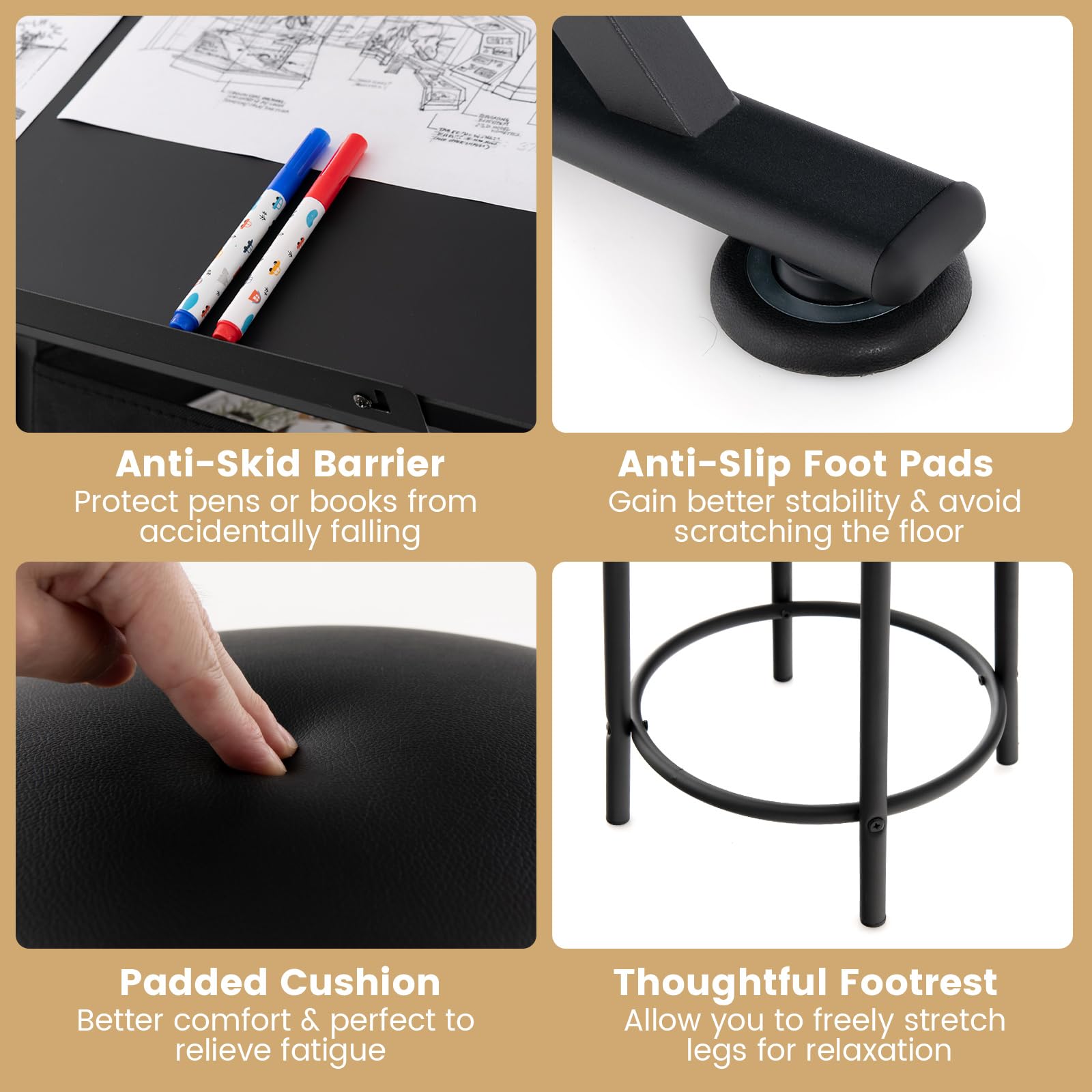 GIANTEX Mesa de Dibujo con Altura Ajustable 73,5-98 cm, Mesa de Pintura con Tablero Inclinable 6 Niveles, 2 Cajones, Mesa Lateral Extensible, Escritorio con Taburete para Artes, Arquitectos (Negro)