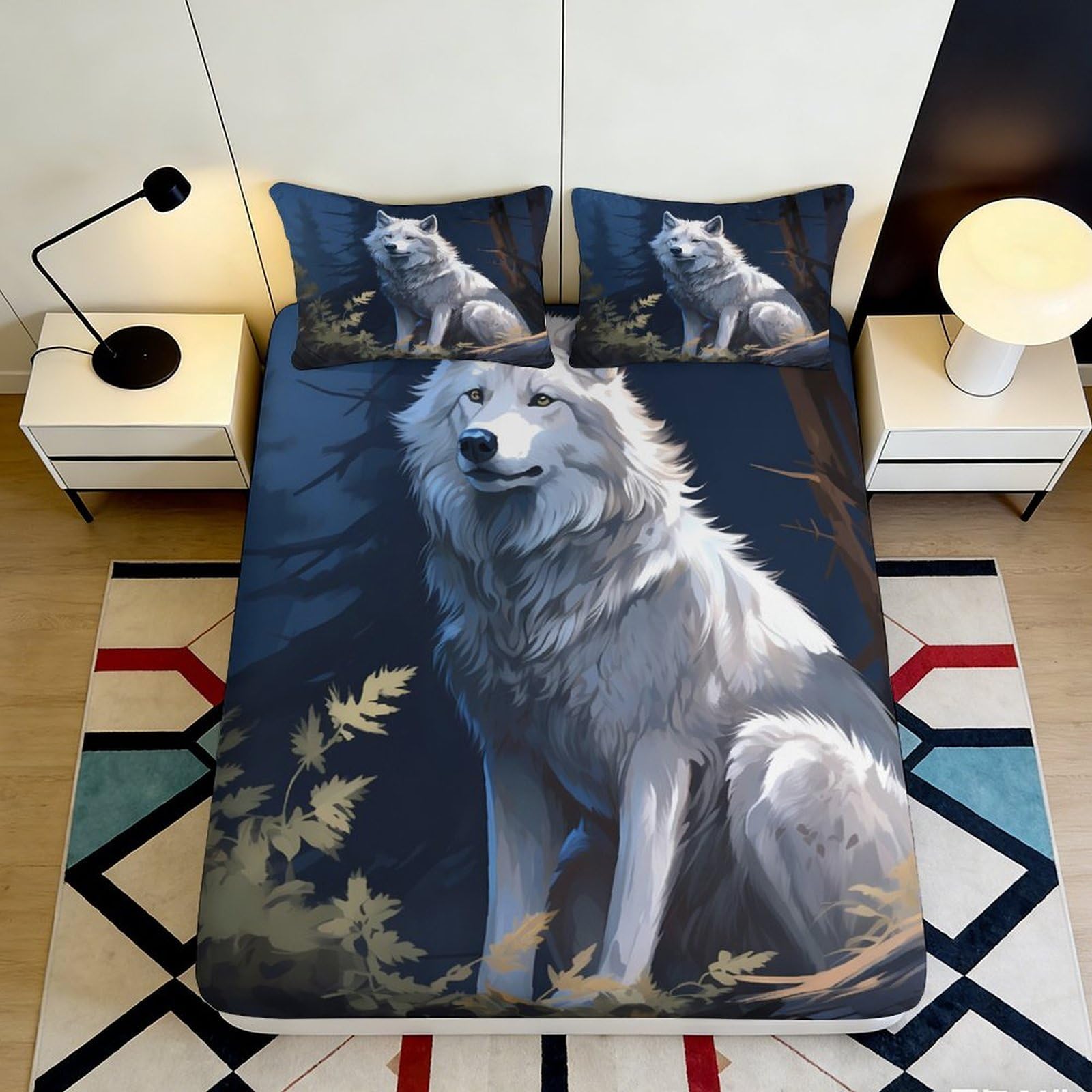 3D Printed White Wolf Fitted Sheet Microfiber Soft Durable Night Forest Bed Cover for Bedroom Dormitory Guest Room Mattress Protection Decor 120x200x25cm