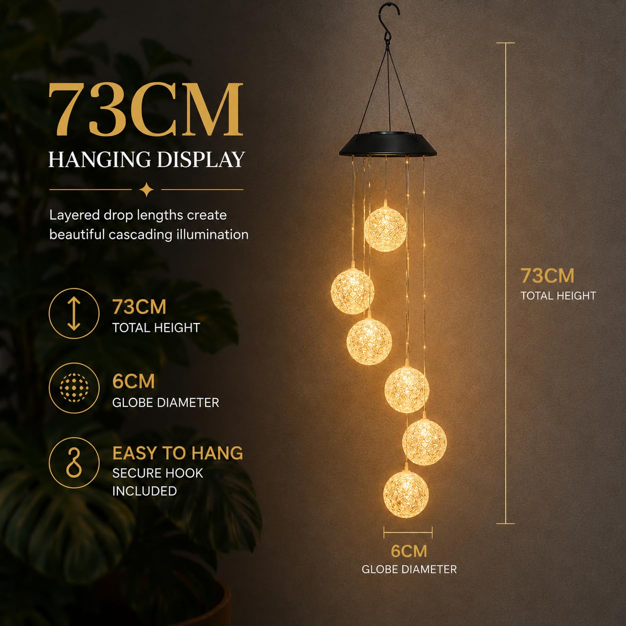 Festive Lights 73cm Solar LED Windspiel Kugeln warmweiß solarbetriebene Outdoor Laterne zum Aufhängen hängend Solar Gartenleuchten für Außen Gartenbeleuchtung draussen Windspiele für Draußen