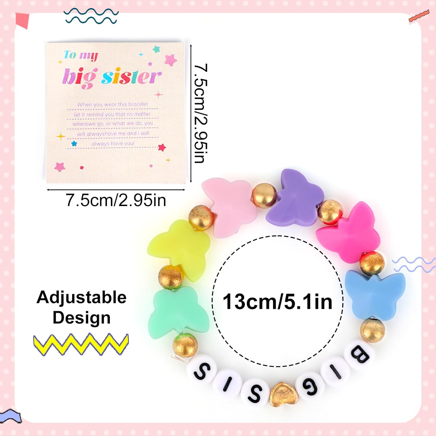 Big Sister Bracelets for Girls, Colorful Heart Shaped Sis Charm Bead Letter Bracelet Adjustable Sister Jewelry Gifts for Toddler Girls Daughter Niece - Image 2