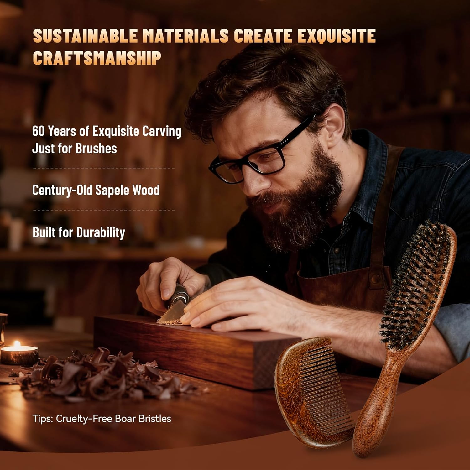 Hair and Beard Brush Kit for Men with Natural Boar Bristles and Sapele Wood Ergonomic Handle, Mustache Comb Grooming Gift for Thin Fine Hair Growth, Detangle, Smoothing, Taming, 9.1 Inches
